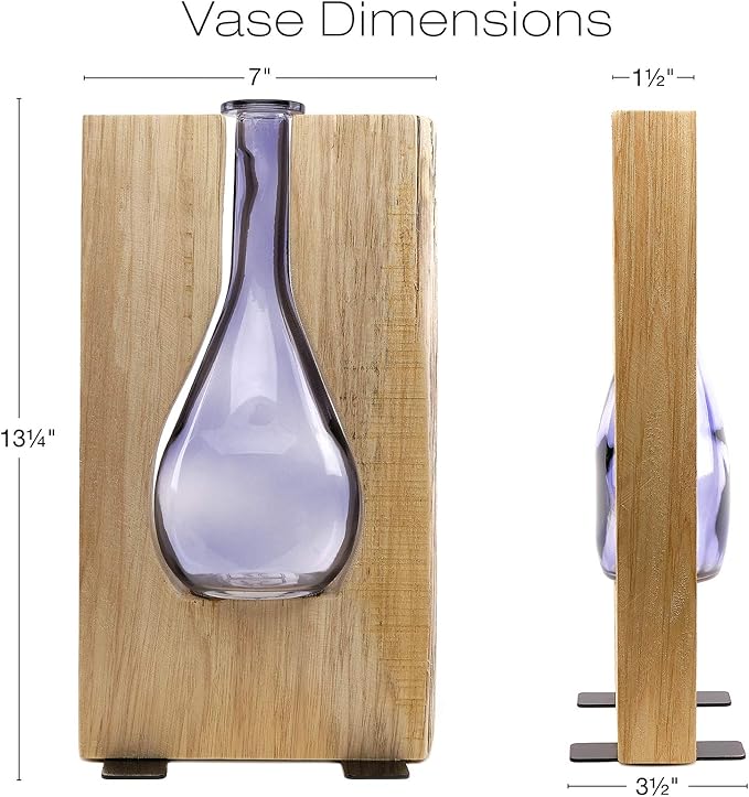 EXCELLO GLOBAL PRODUCTS Round Purple Glass and Wood Vase - Rustic Flower Vase Decorative Centerpieces for Dining Room Table Coffee Tables Vintage Farmhouse Decor (Tall - 13" x 7")