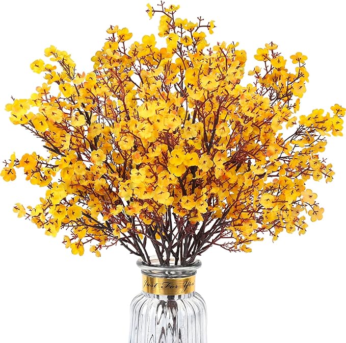 8Pcs Babys Breath Artificial Flowers, Real Touch Yellow Silk Flowers Fake Flowers for Vase Home Office Wedding Christmas Indoor Outdoor Centerpiece Table Party Decorations