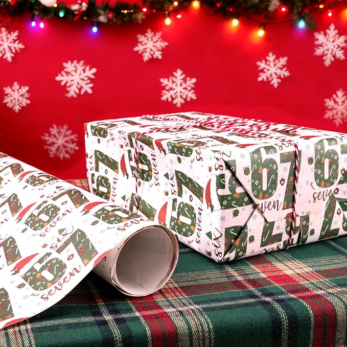 2Pcs 67 Christmas Wrapping Paper, 2025 Funny Holiday Gift Wrap, Unique Six Seven Festive Wrapping Papers, 67 Meme Funny Teen Holiday Gift Wrap (White+Green)