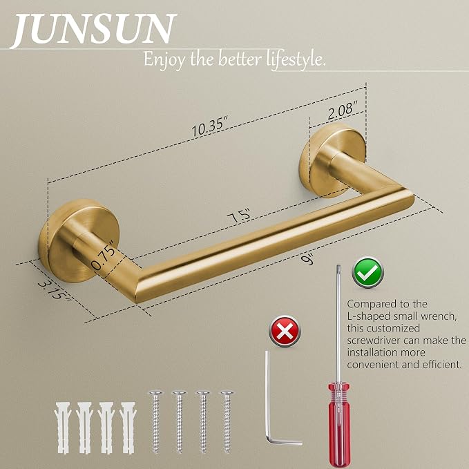 JunSun Bathroom Towel Bar 9 Inch Brushed Gold Towel Racks Wall Mount Bath Hand Towel Holder Modern Home Decor Towel Rod Bathroom Hardware Stainless Steel Towel Hanger Gold Towel Rail Single Towel Bars