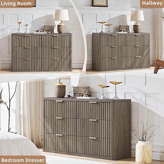 LEYAOYAO Fluted 6 Drawers Dresser Set of 2, 48" Wide Modern Chest of Drawers with Wood Grain Top, Curved Profile Design, Dresser TV Stand, Wooden Drawer Organizer for Bedroom, Living Room,Hallway,Grey