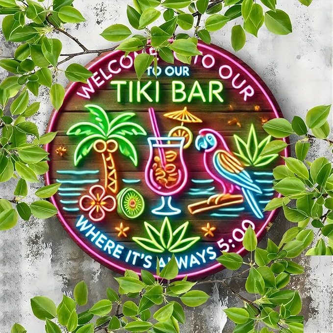 Welcome to Our Tiki Bar" Round Aluminum Sign - 8x8 Inches, UV & Scratch Resistant, Easy Hang for Indoor/Outdoor Decor