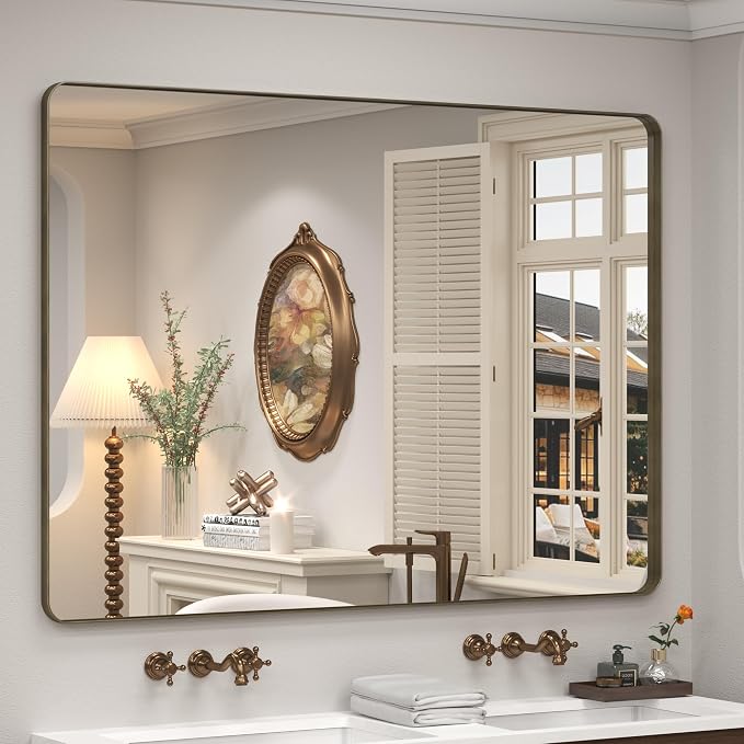 48x36 Bronze Framed Mirror for Wall, Bathroom Vanity Mirror with Brushed Bronze Metal Frame for Modern Farmhouse, Rounded Corner, Anti-Rust, Tempered Shatterproof (Horizontal/Vertical)