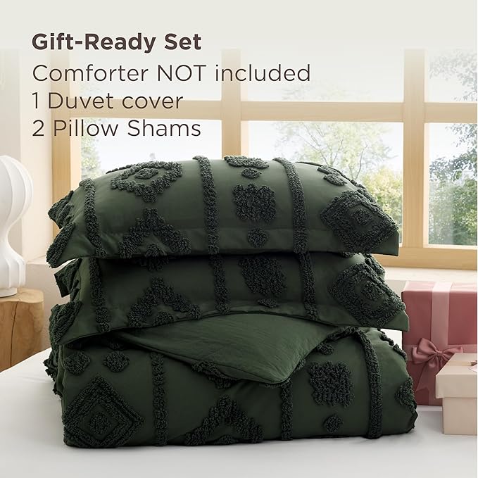 Bedsure Boho Duvet Cover King - Dark Green Tufted Boho Bedding, Farmhouse Shabby Chic Embroidery Bedding for All Seasons, 3 Pieces, 1 Soft Jacquard King Comforter Cover and 2 Pillow Shams