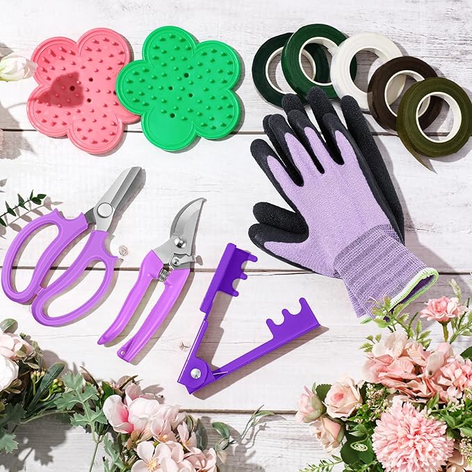 WILLBOND Floral Arrangement Kit, Christmas Rose Thorn Stripper Tool Garden Pruning Shears Scissors Rose Thorn Remover Pruner Trimmer Gloves Tapes Florist Garden Tool Gift Kit for Women(Purple)