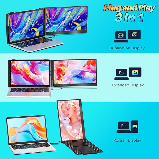 14" Laptop Screen Extender Ultra-Thin, Lightweight Portable Dual Laptop Monitor Extender with Speaker, FHD 1080P Travel Display, Plug & Play, HDMI/USB-A/Type-C for Laptops, Works with Win/Mac/Android