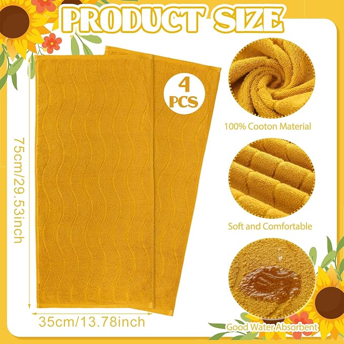 VitalCozy 4pcs Yellow Hand Towels Set for Bathroom Decorative 14x29 Inch Wavy Striped 100% Cotton Soft Absorbent for Bathroom Kitchen Mustard Fall Gift for Festival