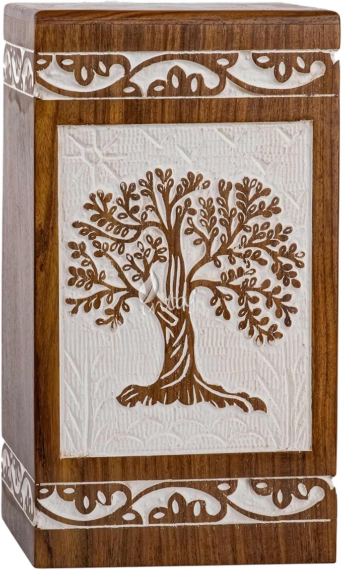 INTAJ Wooden Keepsake Cremation Urn for Human & Pet Ashes - Mini Tree of Life Urn Box & Casket - Holds 20 Cubic Inch