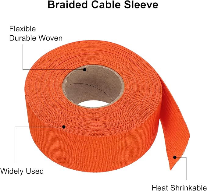 MECCANIXITY Braided Cable Sleeves Heat Shrinkable Fabric Sleeving, 1 3/8" 40ft Orange 2:1 Ratio Heat Shrinkable Cord Protector for Harness Cable, Network Cable Protection, Cable Management