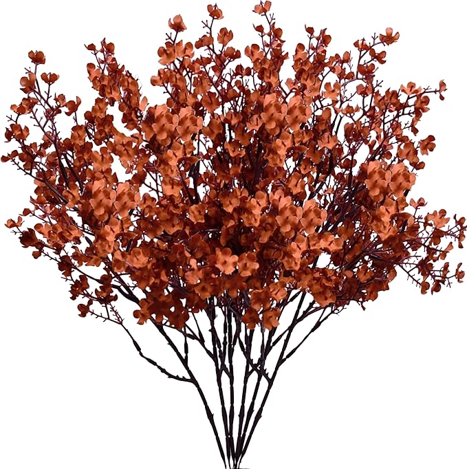 Mandy's Burnt Orange Artificial Baby’s Breath European Flowers 15 Bundles Silk Gypsophila with Bendable Stems for Fall Thanksgiving & Christmas Centerpiece Wedding Decor and Table Arrangements
