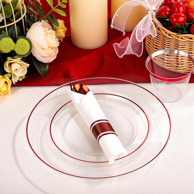 SUT 175 Pcs Red and Clear Plastic Dinnerware Set for 25 Guests, Include: 25 Dinner Plates, 25 Dessert Plates, 25 Pre Rolled Napkins With Silverware, 25 Cups, Disposable Plates for Party, Christmas