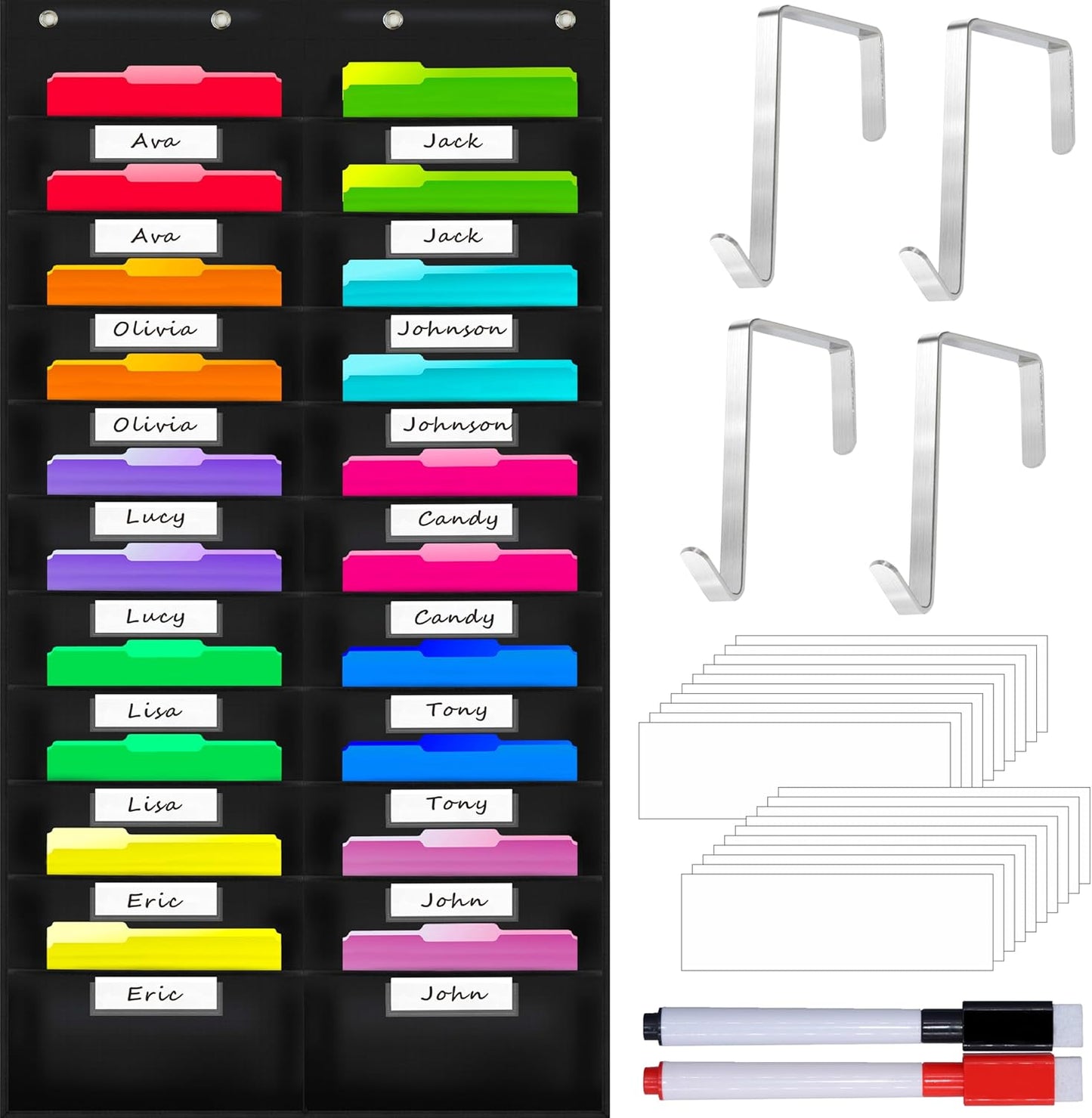 Vantasii Nylon Storage Pocket Chart - 20 Name Tag Pockets & 4 Hooks | Organize Assignments & Files (28.5”x 47”)