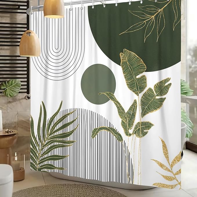 Mid Century Boho Shower Curtain, Abstract Modern Sun Minimalist Aesthetic Shower Curtain, Bohemian Geometric Arch Curve Leaves Neutral Art Fabric Bathroom Curtains Sage Green 72x84 inch