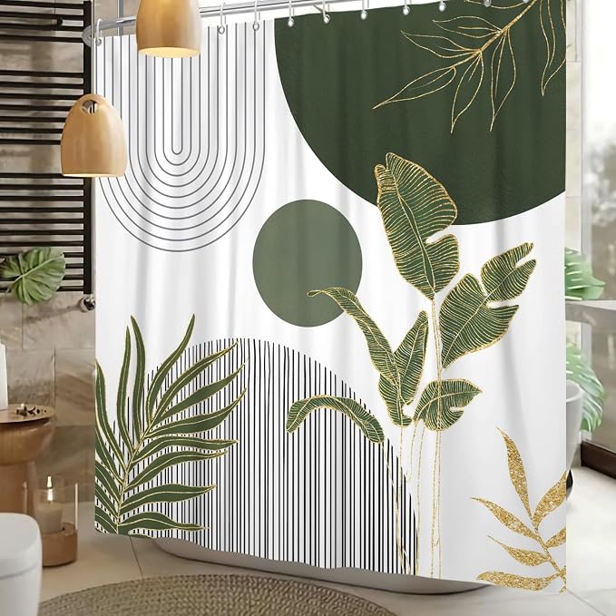 Mid Century Boho Shower Curtain, Abstract Modern Sun Minimalist Aesthetic Shower Curtain, Bohemian Geometric Arch Curve Leaves Neutral Art Fabric Bathroom Curtains Sage Green 48x72 inch
