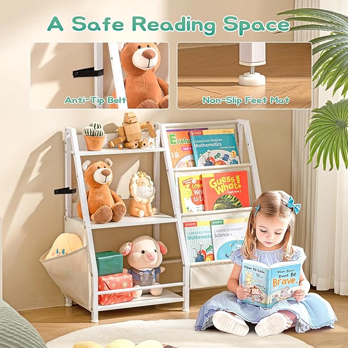 Kids Bookshelf with Extra Pocket, 3 Tier Toddler Bookshelf and Toy Storage Organizer for Kids, Bedroom, Playroom and Nursery, White