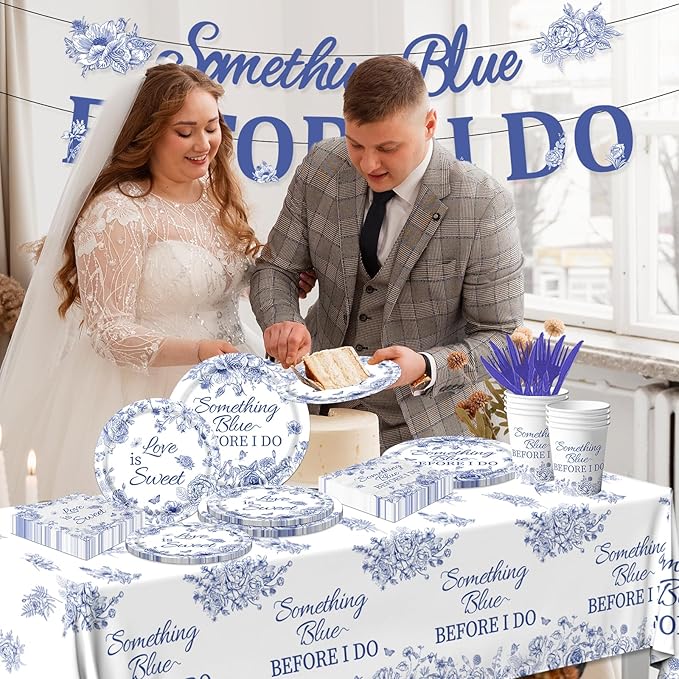 142PCS Something Blue Before I Do Bridal Shower Decorations Bridal Shower Party Favors for 20 Guests Blue Floral Plates and Napkins Tableware Set for Wedding Engagement