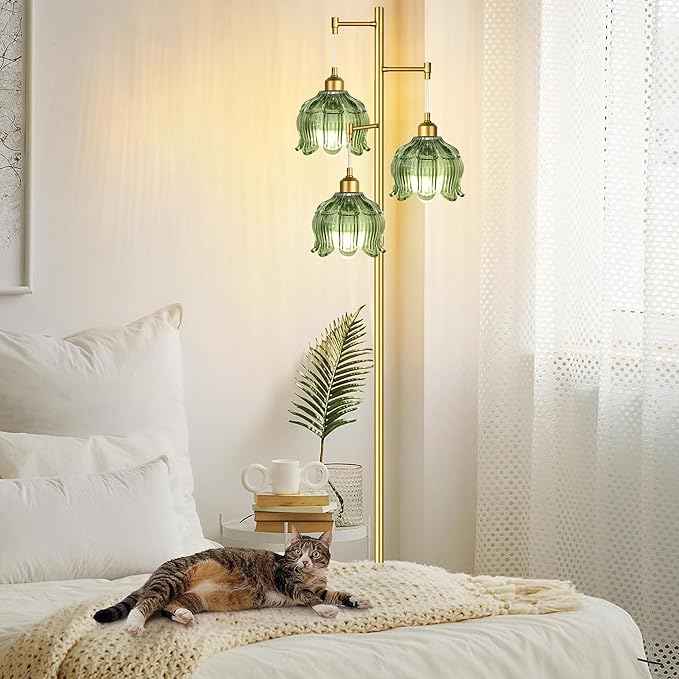 ZECOXOL Vintage Floor Lamps for Living Room Bedroom-3 Light Glass Floor Lamp with Three Led Bulb, Modern Mid Century Standing Lamp Brass Tall Lamp Gold Tree Floor Lamp for Bedroom Corner