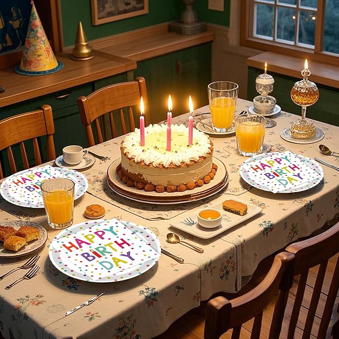 72 Pcs Birthday Plates and Napkins Party Supplies,Happy Birthday Party Plates Napkins Dots Design Tableware Set Decorations for Serves 24 (White)
