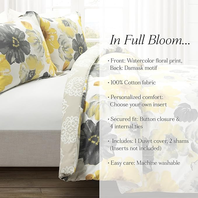 Lush Decor Leah Reversible 100% Cotton Duvet Cover Set, 3 Piece Set, Full/ Queen, Yellow & Gray - Queen Bedding Set - Yellow Duvet Cover - Country Floral Decor