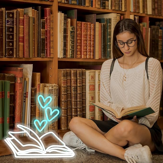 Book Neon Sign for Wall Decor, Reading Book Neon LED Light, Reading Signs for Library, Reading Corner Decor, Bookstore Reading Room Library Museum Study Room Birthday Bedroom-14"x13.7"