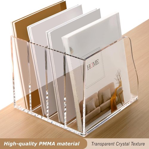 SANRUI Acrylic Desk File Organizer - Clear Magazine Holder with 4 Vertical Compartments for Office Storage