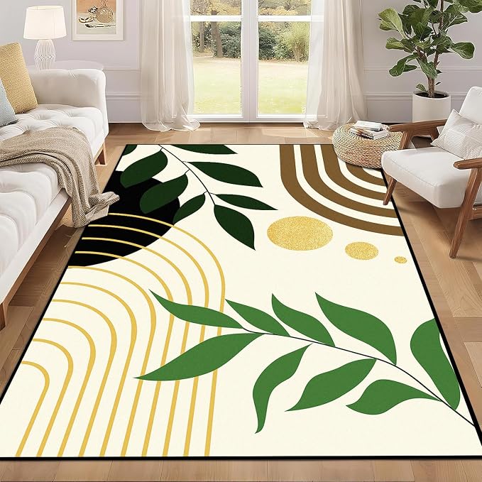 Modern Abstract Rug Geometric Area Rug Boho Green Leaf Floor Mat Soft Washable Carpet for Bedroom Living Room Kitchen Nursery Playroom Home Decor 4'x6'