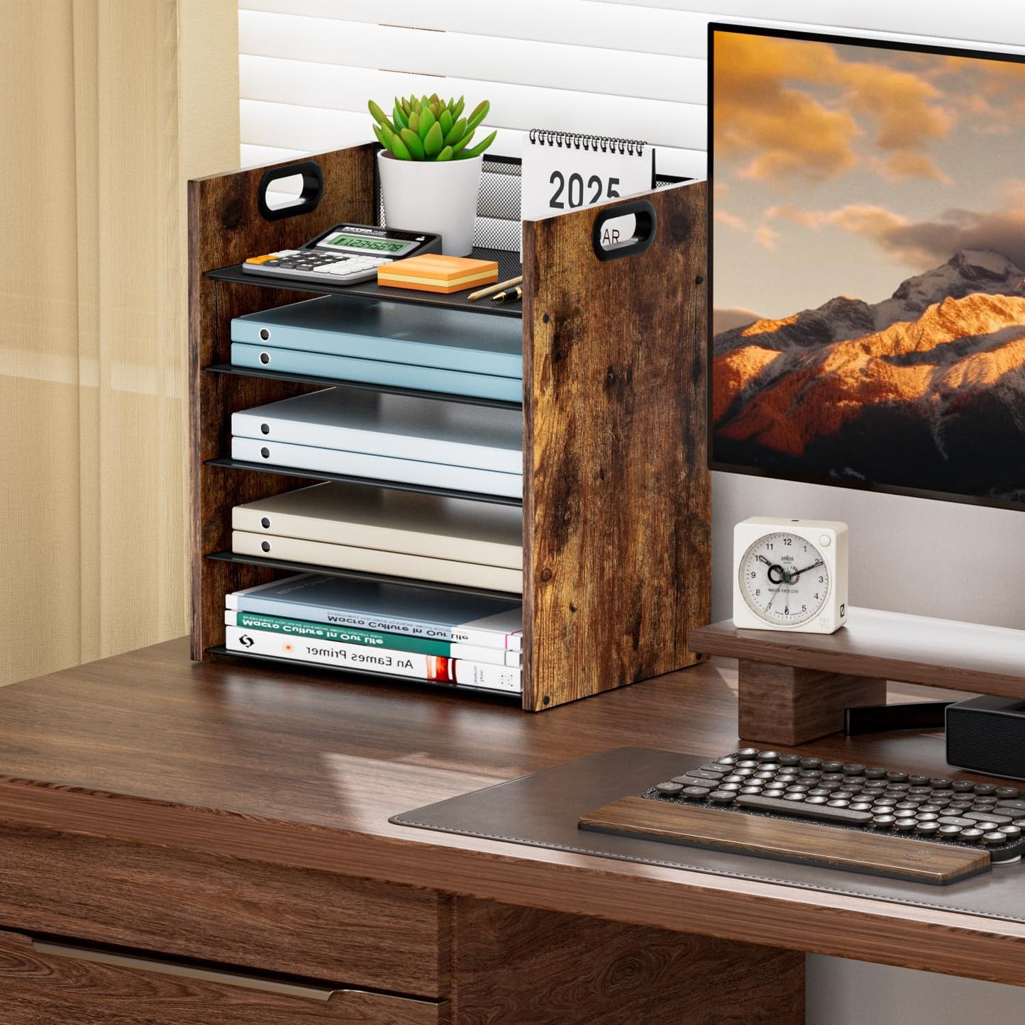 5 Tier Wood Paper Organizer - Metal Office Organizer with Handle | Mesh File Holder for Home & School
