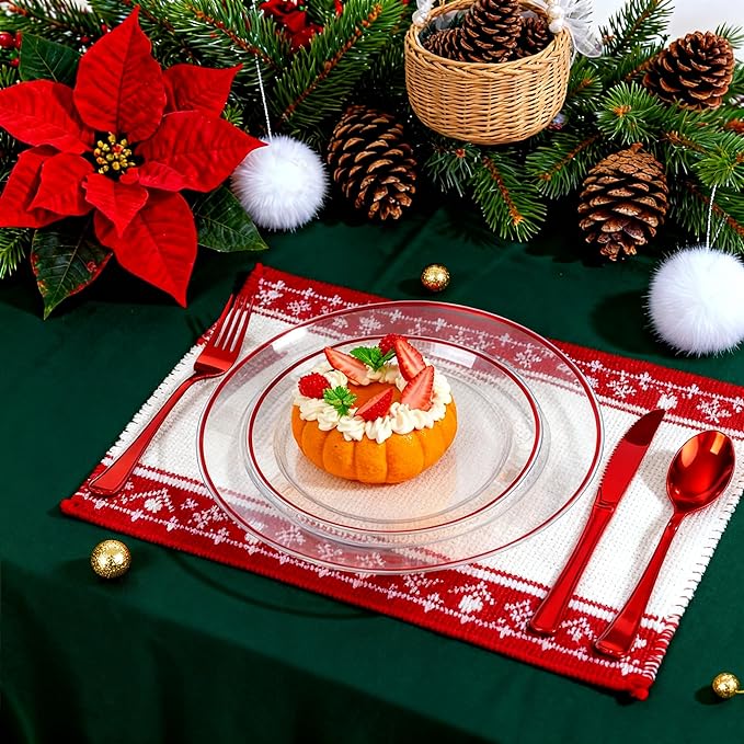 SUT 175 Pcs Red and Clear Plastic Dinnerware Set for 25 Guests, Include: 25 Dinner Plates, 25 Dessert Plates, 25 Pre Rolled Napkins With Silverware, 25 Cups, Disposable Plates for Party, Christmas