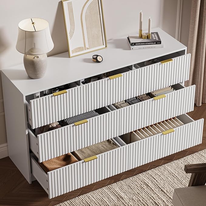 3-Piece Dresser Bedroom Set, 7 Drawer Dresser & 3 Drawer Nightstands with Gold Handles, Fluted Wood Chest of Drawers for Bedroom, Living Room, Entryway, White