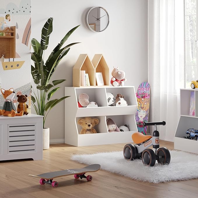 DINZI LVJ Kids Bookshelf, Toy Storage Organizer, Wooden Toy Storage Cabinet, 4 Cubby Children Bookcase, 31.5" L Toddler Book Shelf for Bedroom, Nursery, Hallway, School, White