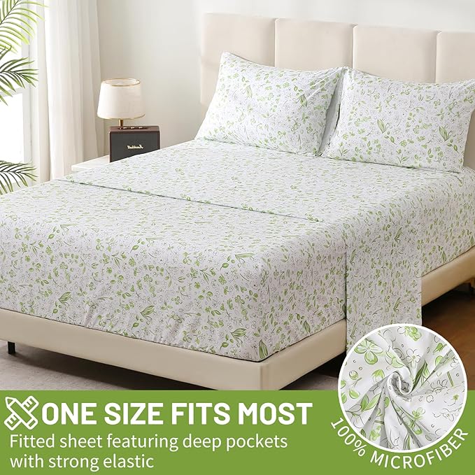Bedlifes Queen Size Extra Deep Pocket Sheet Sets - Fits Mattresses Up to 18-24" Thick, 4-Piece Microfiber Set with 1800 Thread Count, Soft, Smooth, Breathable, Featuring Cute Printed Green Floral