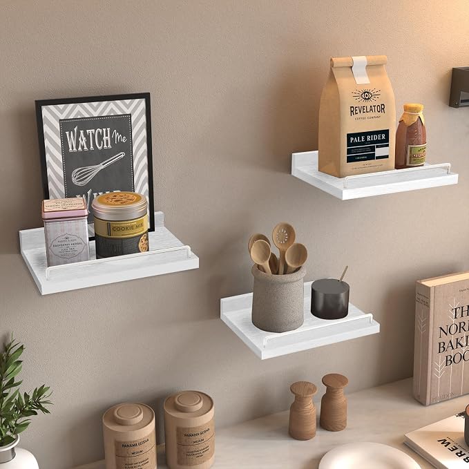 RYOFOBETTO Small Floating Shelf, 6 X 9 Inches Farmhouse Wall Shelves for Living Room, Bedroom, Picture Frames, Plants, Kitchen, Set of 3 (White)