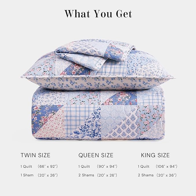 Quilt Set Queen Size, Patchwork Blue Pink Marigold Floral Quilt Sets, Reversible Bedspread Lightweight and Breathable for All Seasons, Soft Quilted Bedspread with 2 Pillow Shams
