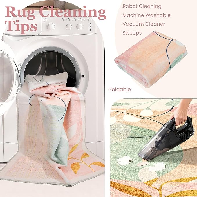 MUJOO Washable 2x6 Runner Rugs for Kitchen Hallway Bedside Bathroom Laundry Room Bedroom Floor,Boho Long Area Rug Non Slip Carpet Throw Rug Mid Century Modern Abstract Botanical Geometric Pink