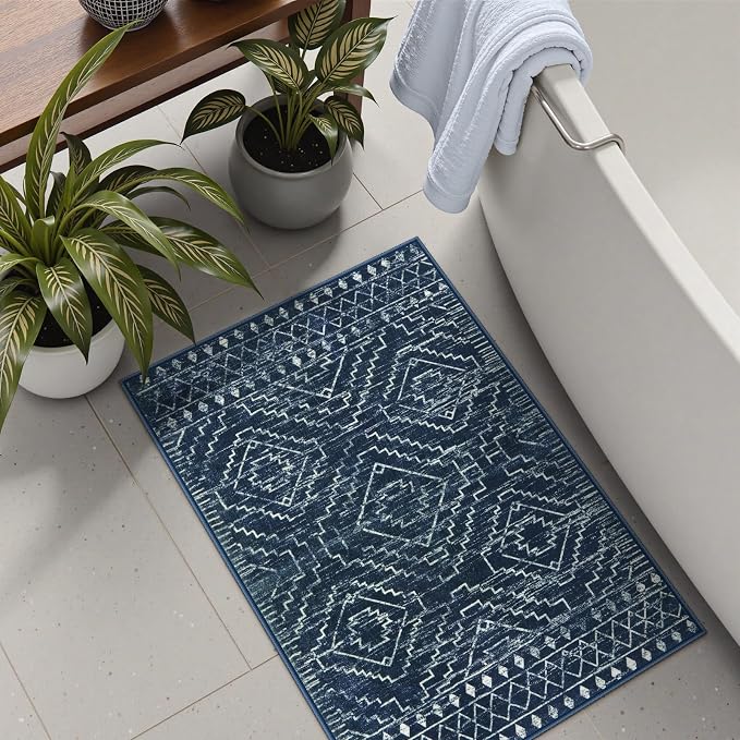 Wonnitar Moroccan Bathroom Rug,Washable 2x3 Small Bath Mat, Boho Tribal Soft Kitchen Sink Mat, Non-Slip Geometric Entry Way Rug, Low-Pile Indoor Carpet for Bedside Entrance Laundry (Blue,2'x3')