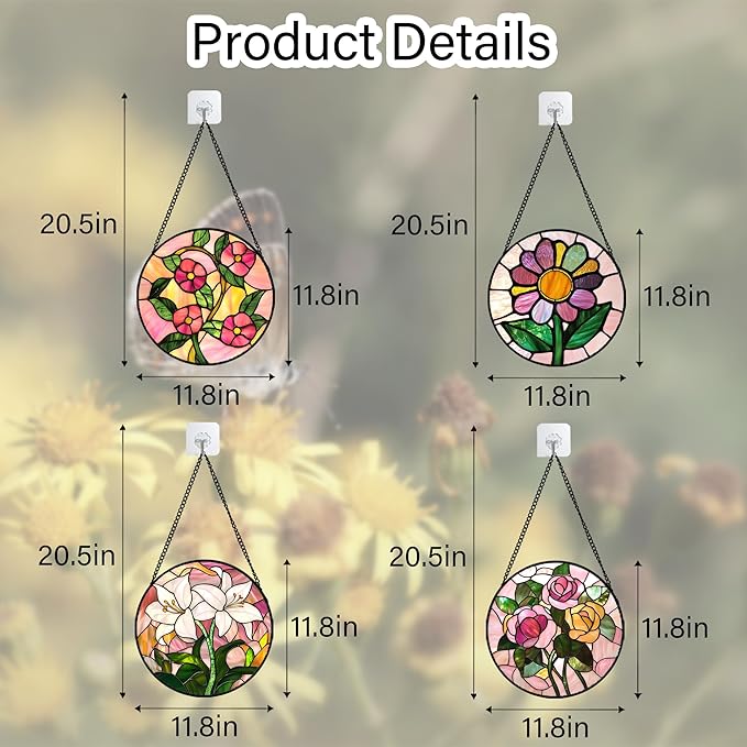 Stained Glass Window Hanging 4 Pcs Set Pink Floral Theme Large 11.8" - Flowers Suncatcher Door Garden Sun Catcher Decor Birthday Christmas for Mom Woman Nana Men Friend
