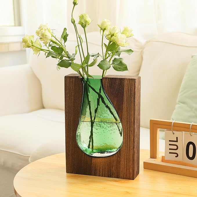 Wood and Glass Inlay Vases Farmhouse Wooden Glass Flower Vase Solid Wood Glass Vase Home Decor Vases for Centerpiece (9.29 Inches)