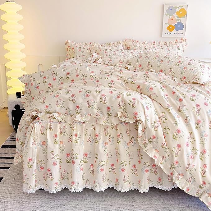 EAVD French Garden Pink Flower Duvet Cover Twin with Ruffles Soft Cotton Shabby Chic Cute Flower Bedding Set for Girls Boys with 2 Pillowcases Aesthetic Botanical Duvet Cover with Zipper Closure