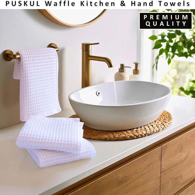 PÜSKÜL Natural 100% Turkish Cotton Waffle Kitchen Towels Set of 3 | Oeko-Tex, Premium Waffle Hand Towels for Bathroom | Soft Absorbent Quick-Dry Lint-Free Dish Towel Large 32x16 inch (3, White)
