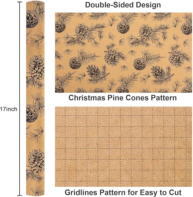 Yarcony Kraft Christmas Wrapping Paper, Pine Cone Wrapping Paper, Recycled Thick Forest Autumn Pine Cones, Botanical Brown Christmas Gift Wrap for Holiday, Thanksgiving Natural (17 Inch X 33 Feet)