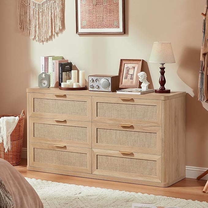 LEYAOYAO Rattan 6 Drawer Dresser for Bedroom, Boho 54" Wide Natural Wood Dresser Chest of Drawers, Dressers TV Stand with Metal Handle, Storage Dressers Closet Organizer for Living Room, Hallway