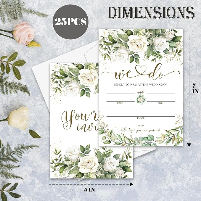 Greenery Floral Wedding Invitations, 5"x 7" Eucalyptus Leaves Wedding Invites Cards With Envelopes, 25 PCS for Party Decorations and Supplies - A02