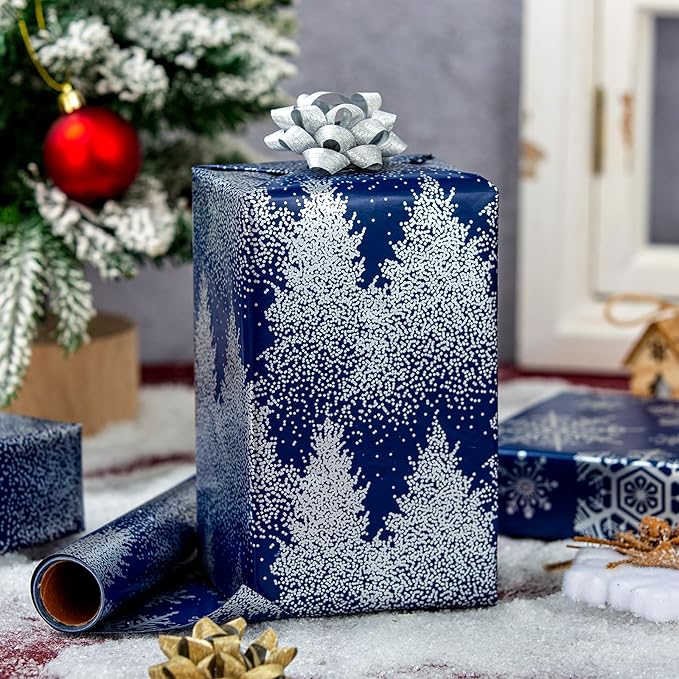 MAYPLUSS Blue Christmas Wrapping Paper Roll, Tree Wrapping Paper, Luxury Navy Blue Shiny Christmas Tree and Snowflakes Gift Wrap for Holiday Gift Packaging, Festive Decoration (17 Inch X 16.5 Feet)