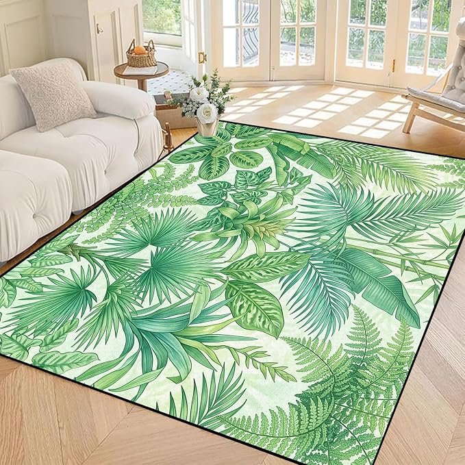 Tropical Leaves Area Rug 5'x7' Green Botanical Palm Fern Leaf Rug Non Slip Washable Indoor Floor Mat for Bedroom Living Room Nursery Kitchen Playroom Home Decor