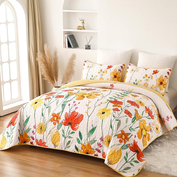 Anibedding Quilt Set Full Size, Yellow Floral Reversible Bedspread Soft Microfiber Lightweight Full Quilt Bedding Sets Reversible Coverlet for All Season(78"x90")