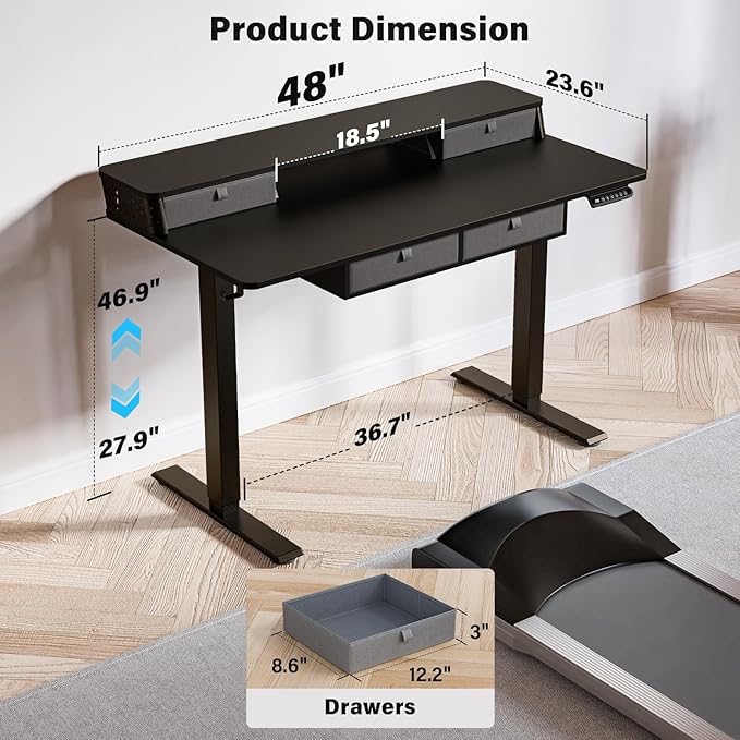 Electric Standing Desk with 4 Drawers 48''x 24'' Adjustable Height Sit to Stand Up Desk with Storage Shelf, C-Clamp Mount Compatible Black Home Office Desks Computer Gaming Table Ergonomic Workstation