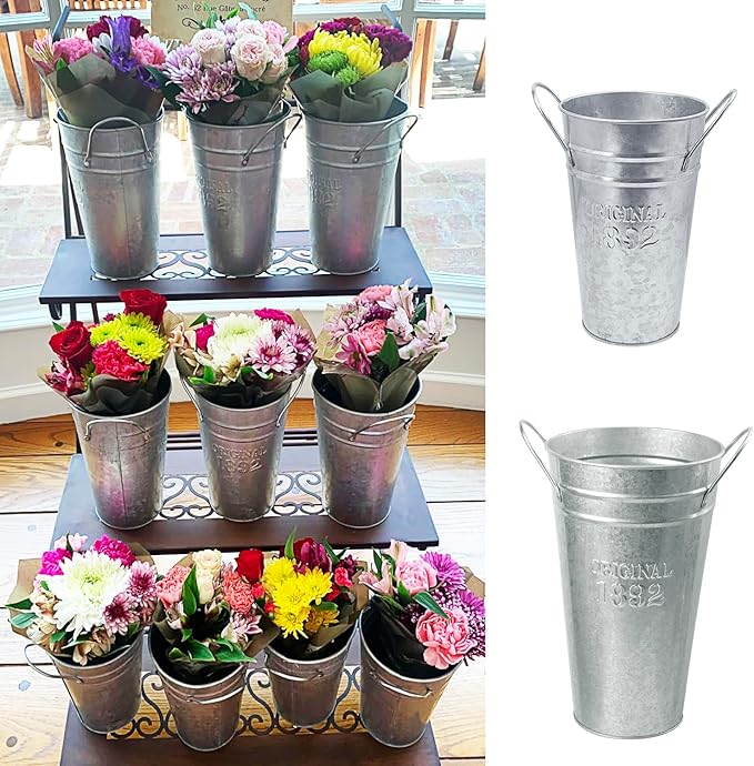 6 Packs 8 & 10 Inch Tall Galvanized Metal Flower Vases with Handles, Metal Flower Buckets for Cut Flowers, Country Wedding, Table Centerpiece Decorations(Sliver)