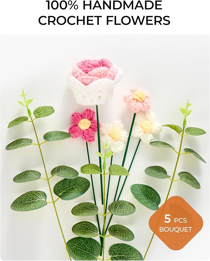 Crochet Flower Bouquet Gift for Wife Girlfriend Lover Fiancee Mother Women, Handmade Artificial Knitted Flowers with Roses for Wedding, Anniversary, Birthday，Valentine's Day Present,Home Decor