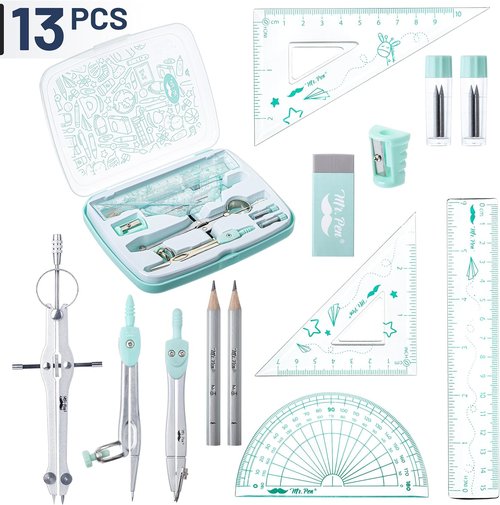 Mr. Pen Geometry Set - 13-Piece Kit with Metal Compasses, Protractor, Ruler & More for Math & Drafting
