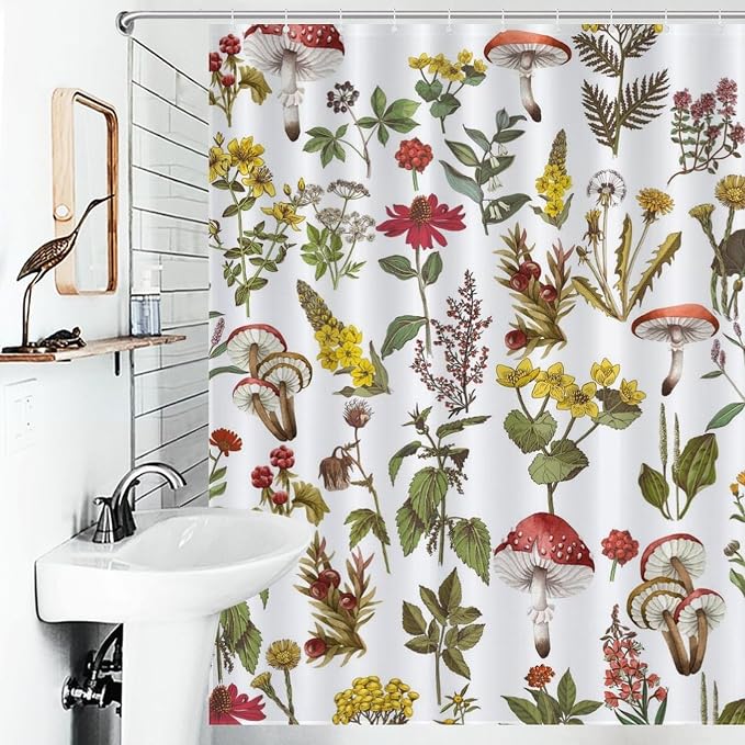 Mushroom Shower Curtain for Bathroom, Farmhouse Wildflower Botanical Mushroom Plants Leaf Sage Green Rustic Vintage Cottagecore Nature Waterproof Fabric Shower Curtain Set with Hooks, 72"x84" Inch